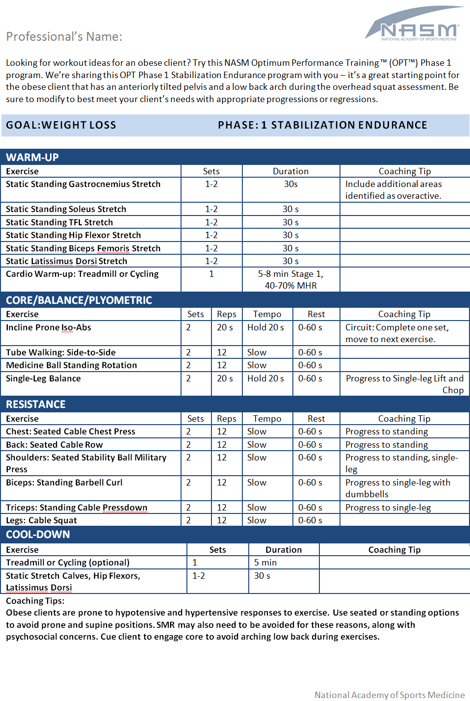 obese client chart with workout ideas