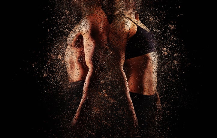man and woman standing back to back with some kind of graphic filter on image